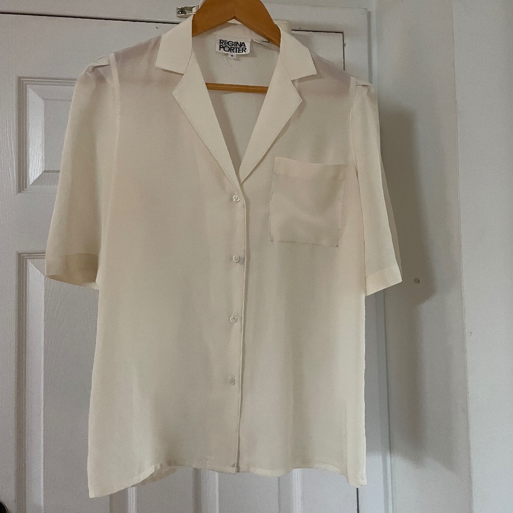 Vintage Regina Porter Ivory Cream Sheer Short Sleeve Blouse Pleated Shoulder Sz8